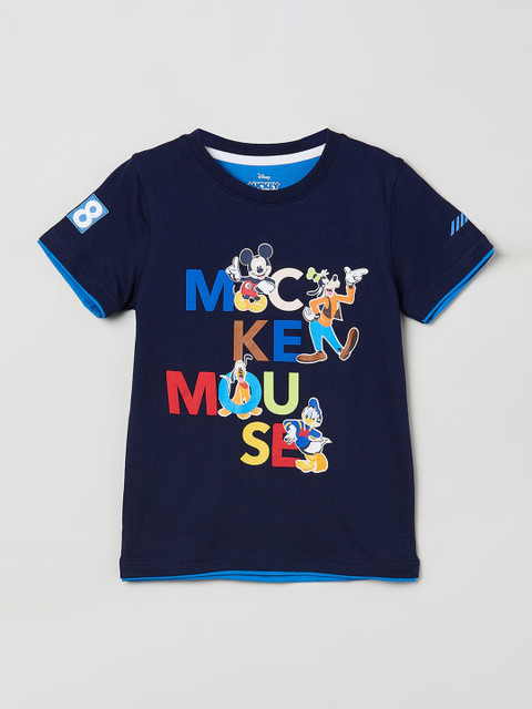

max Boys Navy Blue Mickey & Friends Print Round Neck T-shirt