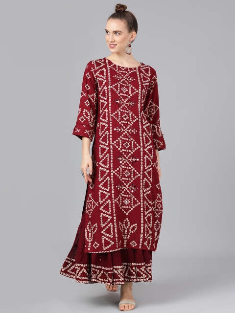 

AKS Couture Women Maroon Printed Kurta with Skirt
