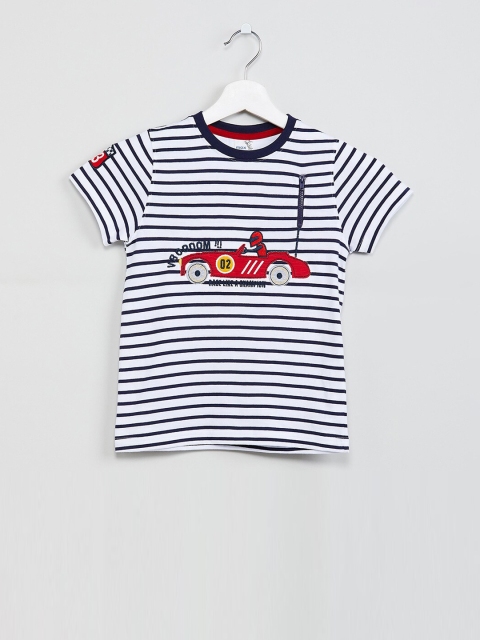 

max Boys White & Navy Blue Striped Round Neck T-shirt