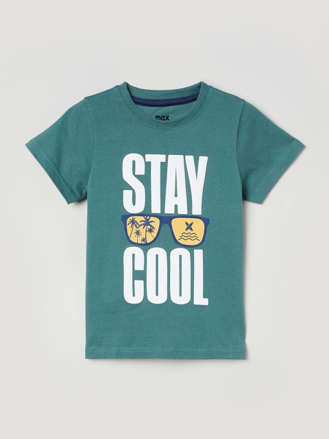 max Boys Green & White Printed Round Neck T-shirt
