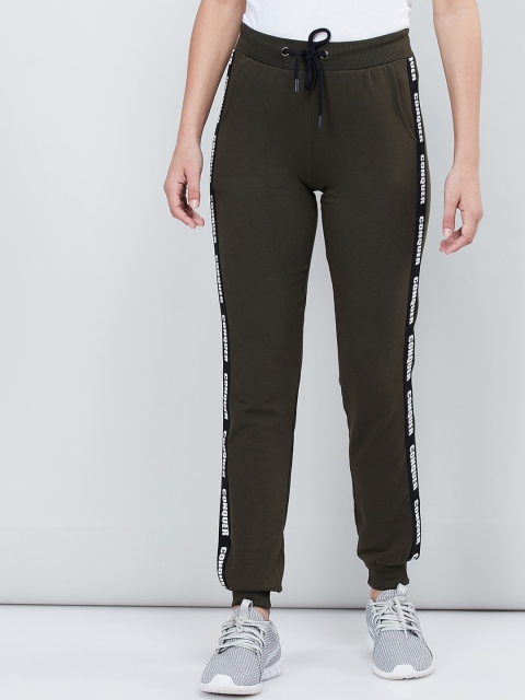 max Women Olive Green Solid Slim-Fit Joggers
