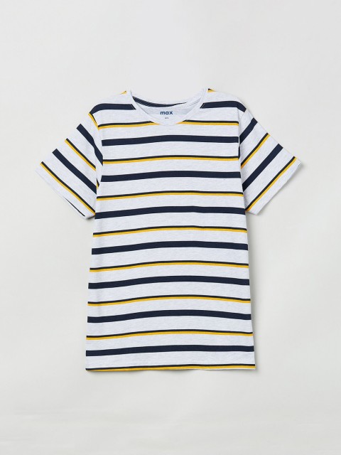 

max Boys White & Navy Blue Striped Round Neck T-shirt