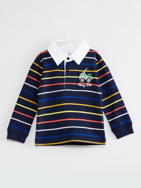 

max Infant Boys Navy Blue & Yellow Striped Polo Collar T-shirt