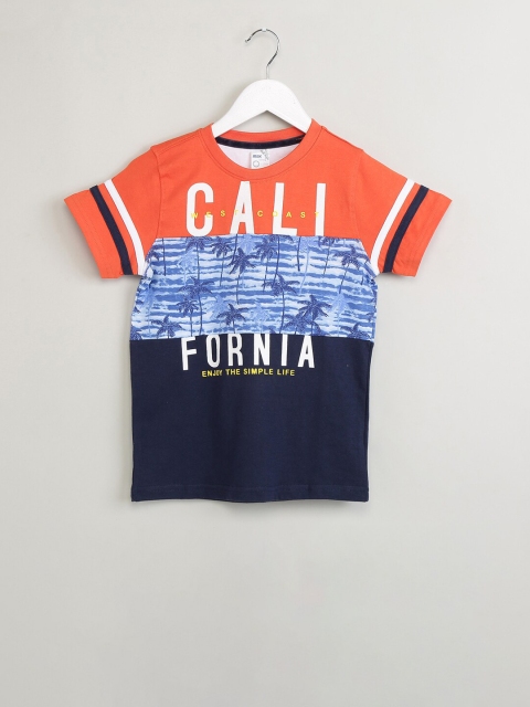 

max Boys Orange & Navy Blue Printed Round Neck T-shirt