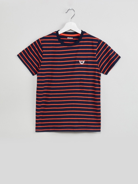 

max Boys Navy Blue & Orange Striped Round Neck T-shirt