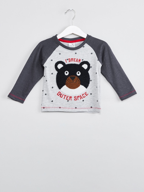 

max Boys Grey Melange & Black Printed Round Neck T-shirt