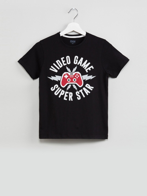 

max Boys Black Printed Round Neck T-shirt