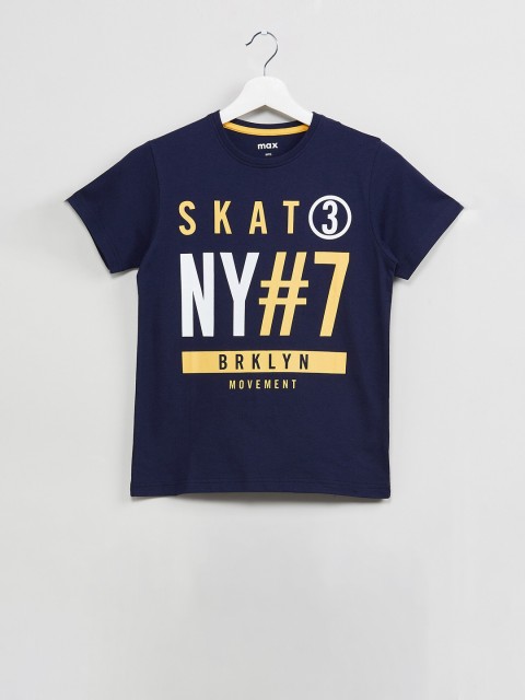 

max Boys Navy Blue & Yellow Printed Round Neck T-shirt