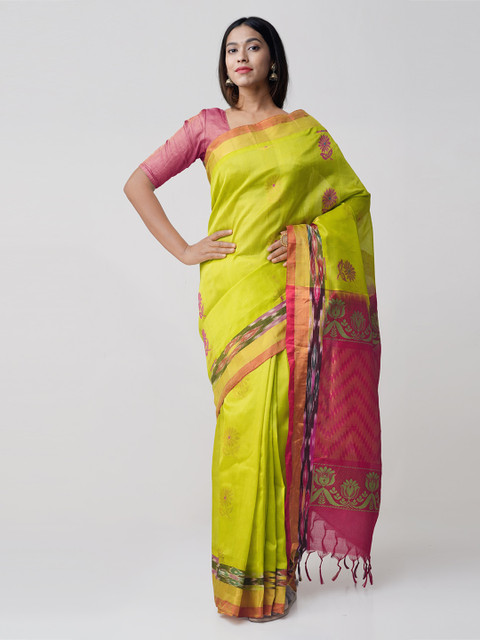 

Unnati Silks Green & Pink Silk Cotton Woven Design Kanjeevaram Handloom Saree