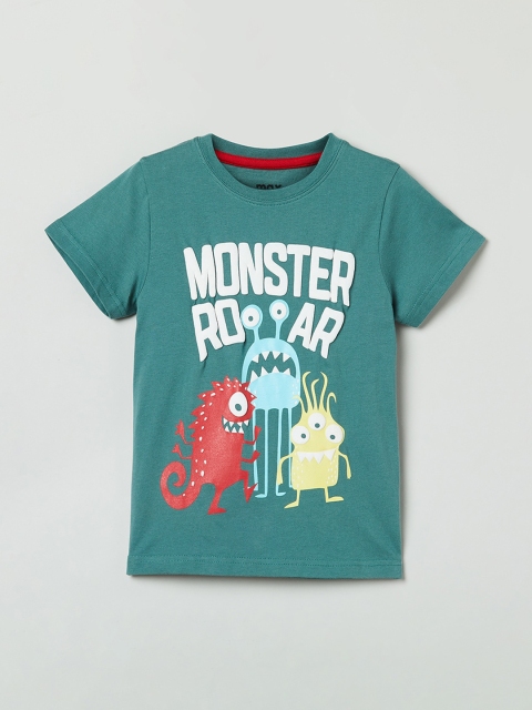 

max Boys Green White Printed Round Neck Pure Cotton T-shirt