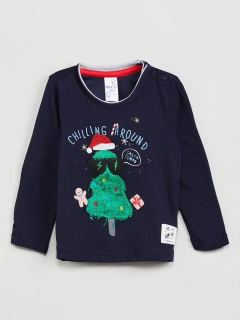 max Boys Navy Blue Printed Round Neck T-shirt