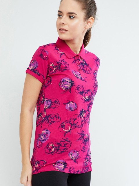 

max Women Fuchsia Pink & Purple Printed Polo Collar T-shirt