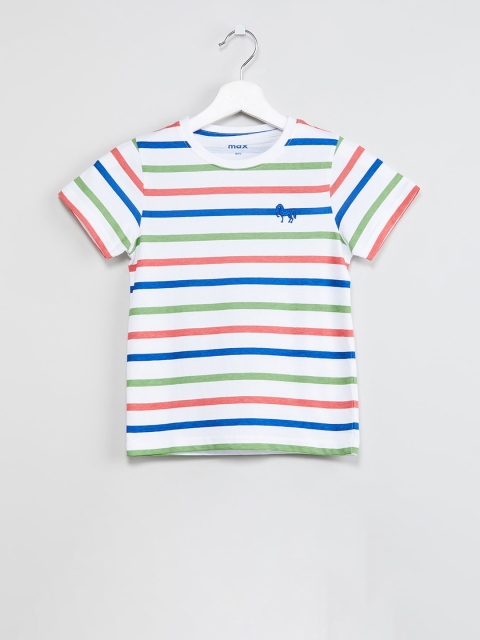 

max Boys White & Green Striped Round Neck T-shirt