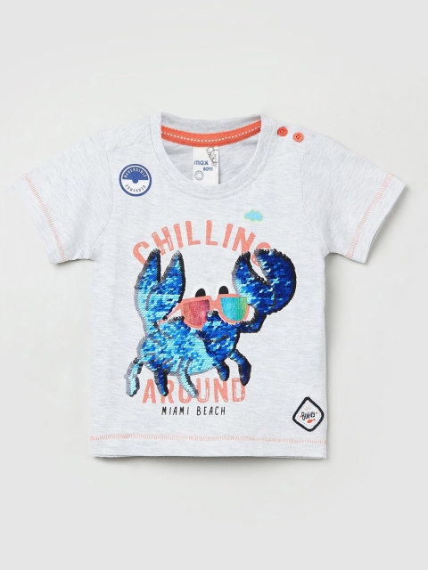 

max Boys Grey Melange Flip Sequinn Round Neck Pure Cotton T-shirt
