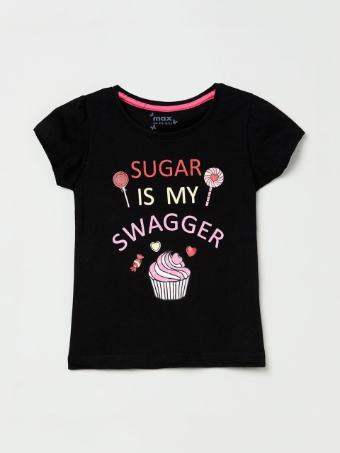 

max Girls Black Printed Round Neck T-shirt