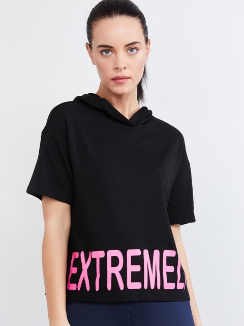 

max Women Black & Pink Printed Hood T-shirt