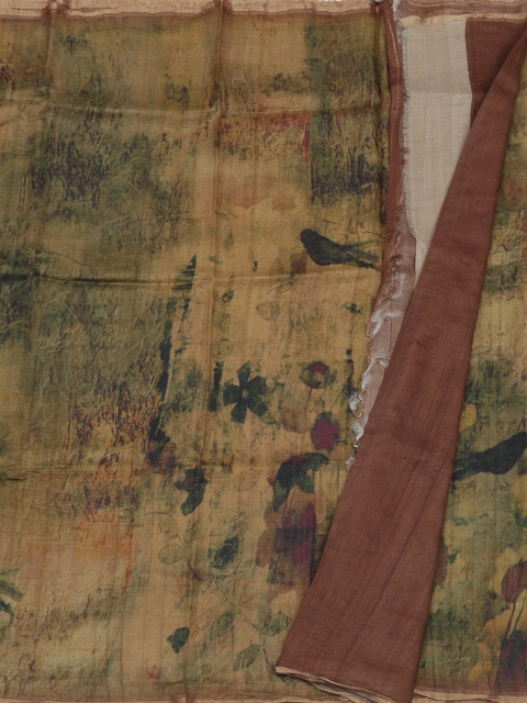 

Pothys Olive Green & Brown Jute Silk Printed Tussar Saree