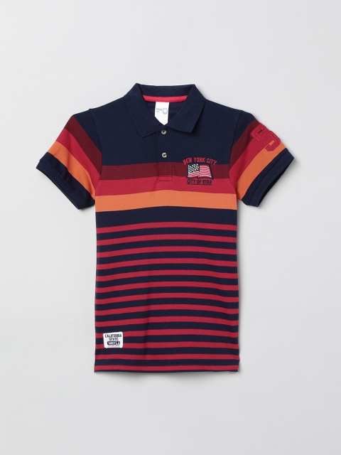 

max Boys Navy Blue & Red Striped Polo Collar T-shirt