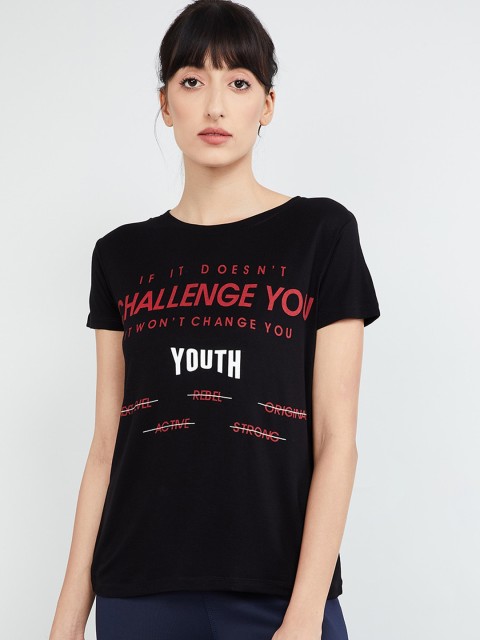 

max Women Black & Red Printed Round Neck T-shirt