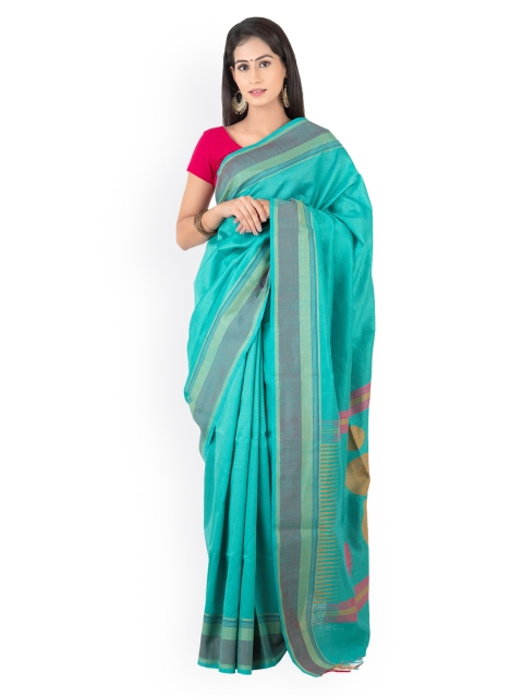 

Tribes India Green & Pink Silk Cotton Solid Saree