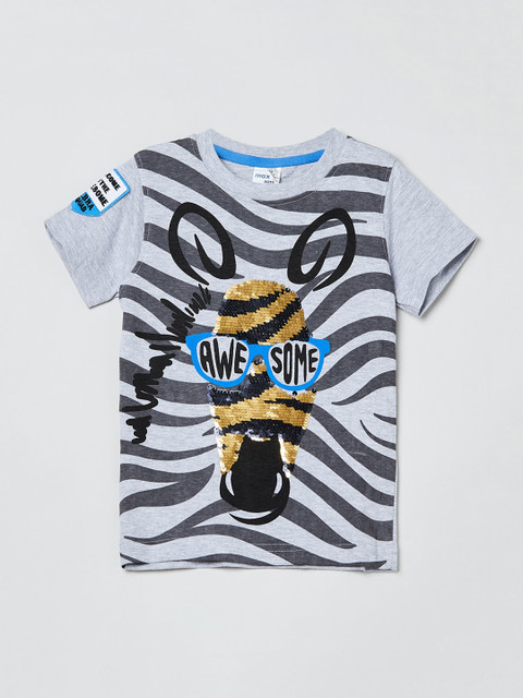 

max Boys Grey & Gold Self Design Sequinned Round Neck T-shirt
