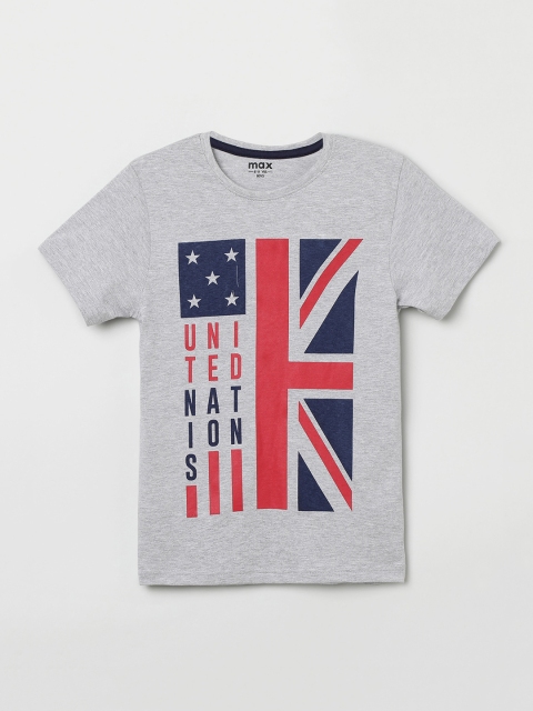 

max Boys Grey Melange & Navy Blue Flag Print T-shirt