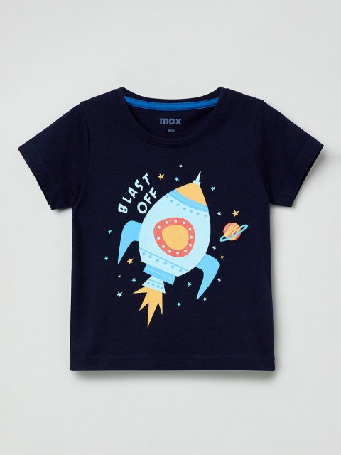 max Boys Navy Blue Printed Round Neck T-shirt