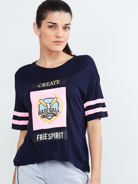 

max Women Navy Blue Printed Round Neck T-shirt