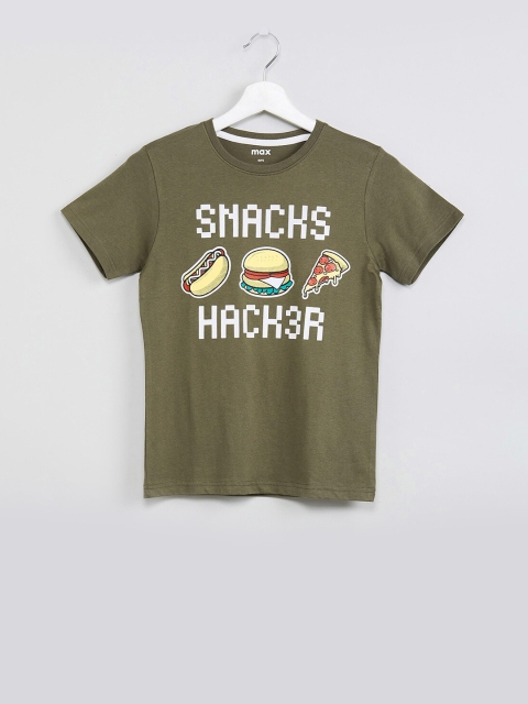 

max Boys Olive Green Printed Round Neck T-shirt