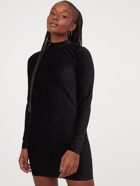 

H&M Women Black Solid Crinkled Velour Dress