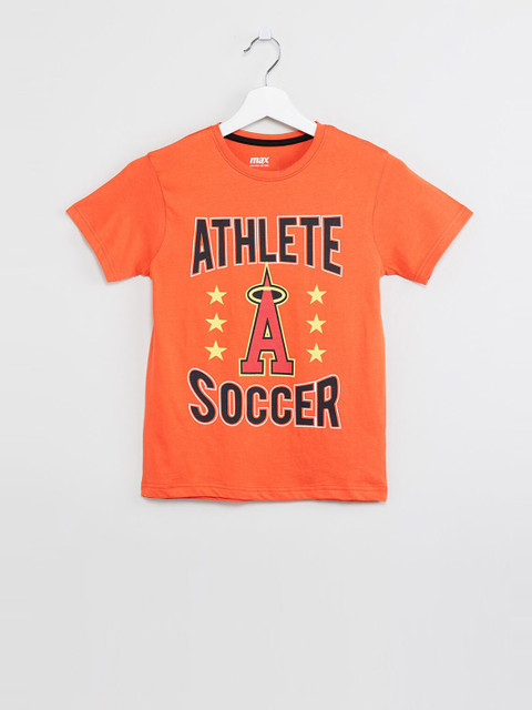 

max Boys Orange & Navy Blue Printed Round Neck T-shirt