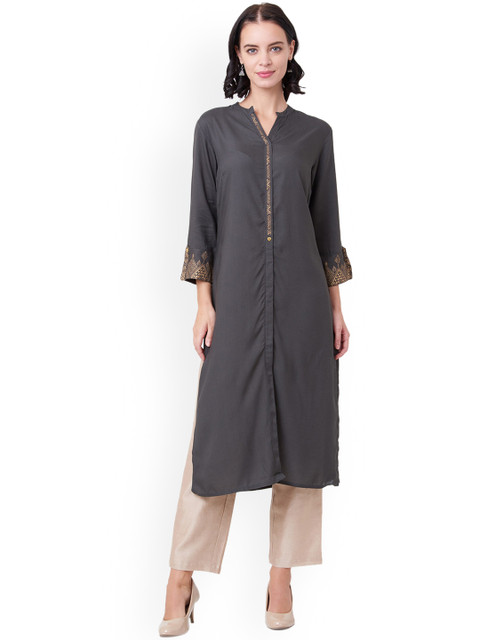 

IMARA Women Grey Solid Straight Kurta