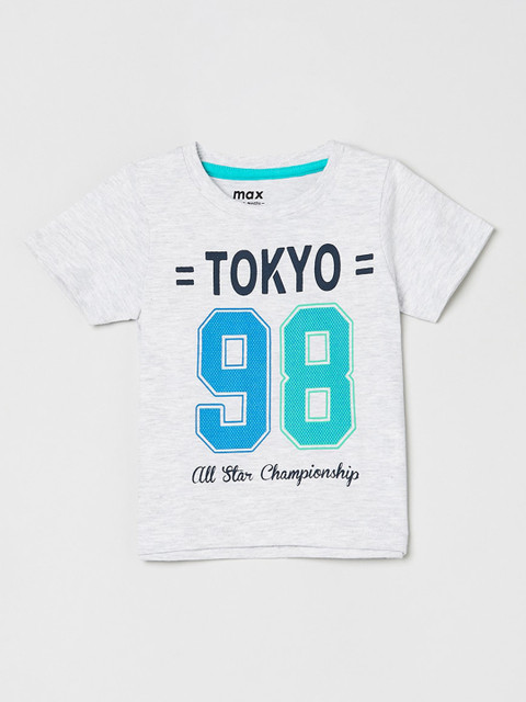 

max Boys Grey Melange & Blue Printed Round Neck T-shirt