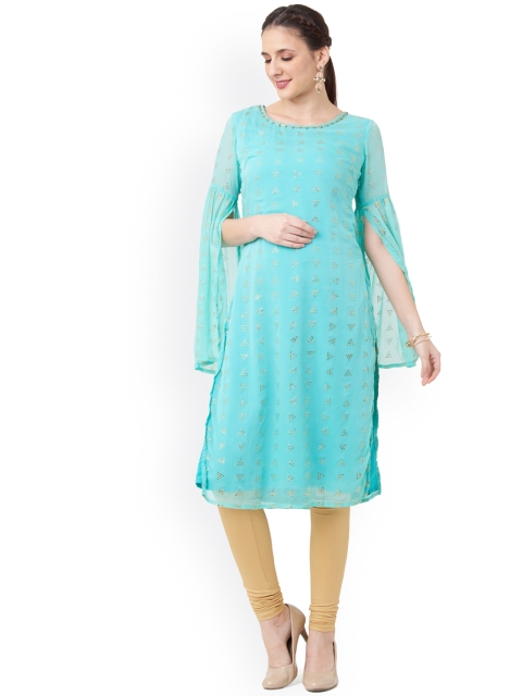 

IMARA Women Turquoise Blue Woven Design A-Line Kurta