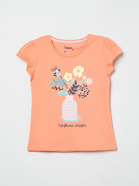 

max Girls Orange Printed Round Neck T-shirt