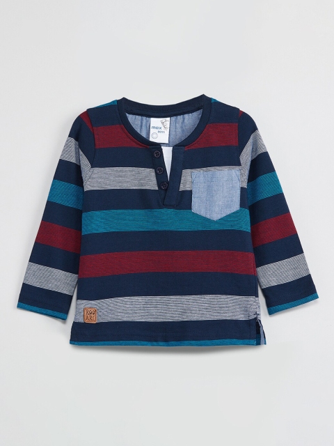 

max Infant Boys Navy Blue & Maroon Striped Henley Neck T-shirt