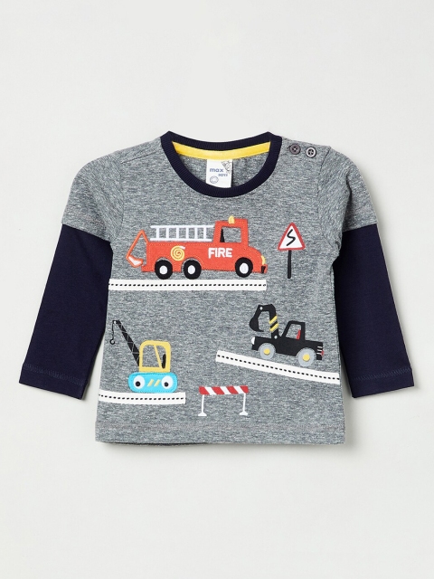 

max Boys Grey Melange Printed Round Neck T-shirt