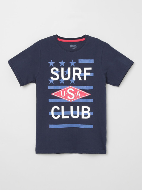 

max Boys Navy Blue & White Printed Round Neck T-shirt