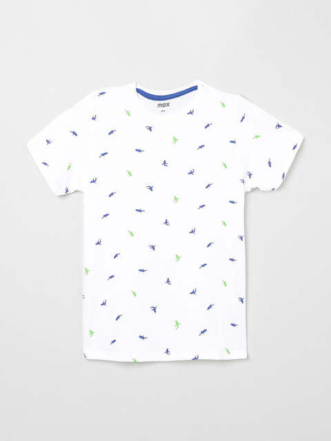 

max Boys White & Blue Printed Pure Cotton Round Neck T-shirt