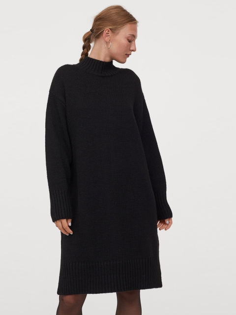 

H&M Women Black Knitted Polo-Neck Dress