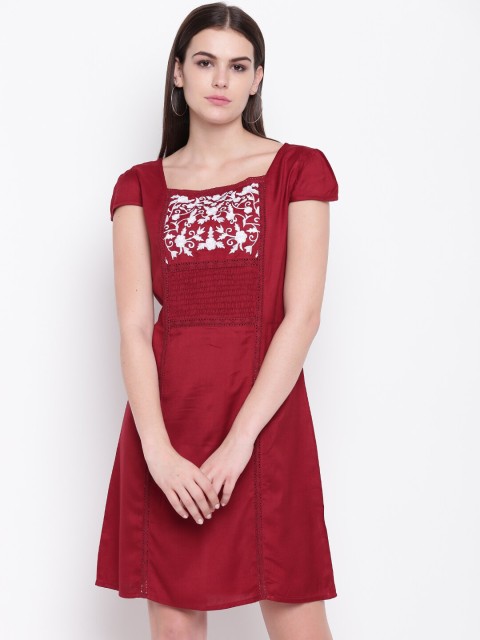 

DODO & MOA Women Burgundy Embroidered A-Line Dress
