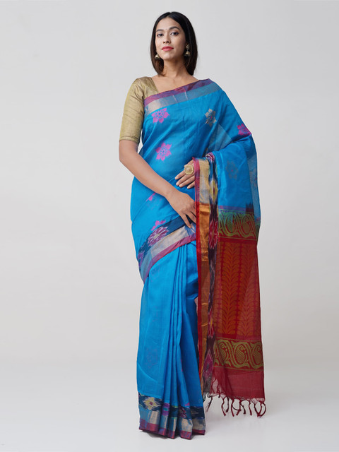 

Unnati Silks Blue Silk Cotton Woven Design Kanjeevaram Saree