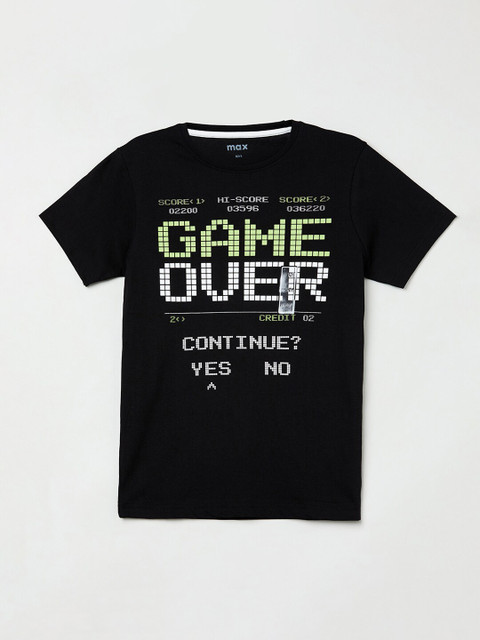 

max Boys Black Printed Round Neck T-shirt