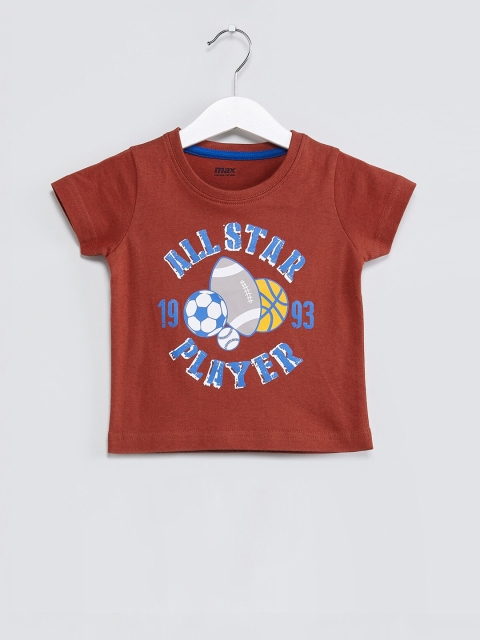 

max Boys Brown Printed Round Neck T-shirt