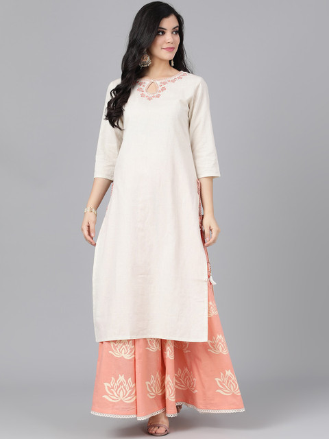 

AKS Couture Women Off-White & Peach-Coloured Yoke Design Kurta with Skirt