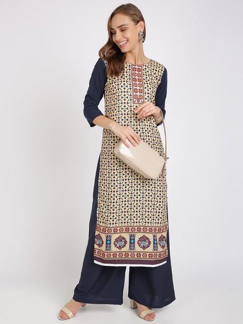 

Silk Bazar Women Yellow & Navy Blue Printed Kurta with Palazzos