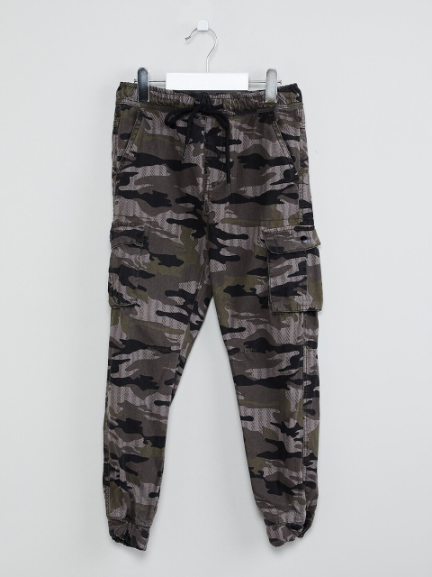

max Boys Grey & Black Camouflage Printed Slim-Fit Joggers