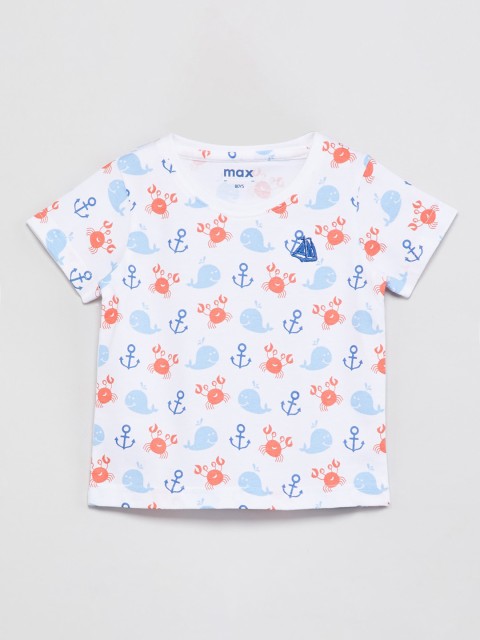 

max Boys White & Blue Printed Round Neck T-shirt
