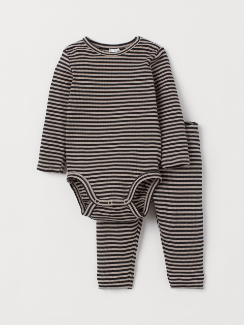 

H&M Kids Black & Grey Striped Ribbed Cotton Set