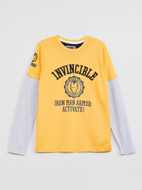 

max Boys Yellow Iron Man Printed Round Neck T-shirt